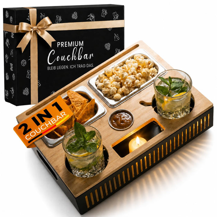 Couchbar Snackbox mit Leuchteffekt – Holz Sofatablett für Sofa, Snackbar & Organizer Tablett, 2-in-1