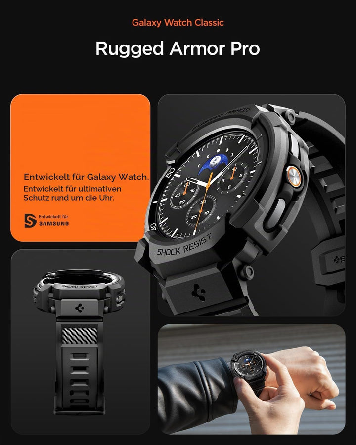 Spigen Rugged Armor Pro Hülle mit Band für Samsung Galaxy Watch 8 Classic | TPU-Unibody-Hülle mit Ar