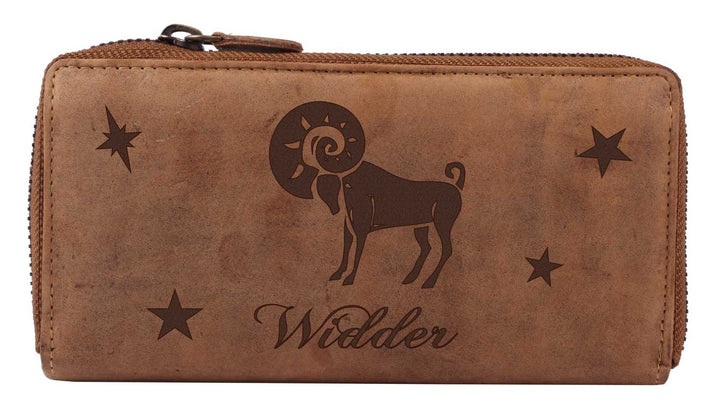 Greenburry Vintage Damen Geldbörse Leder Geldbeutel mit Sternzeichen Widder - 20x10x3 cm, Widder