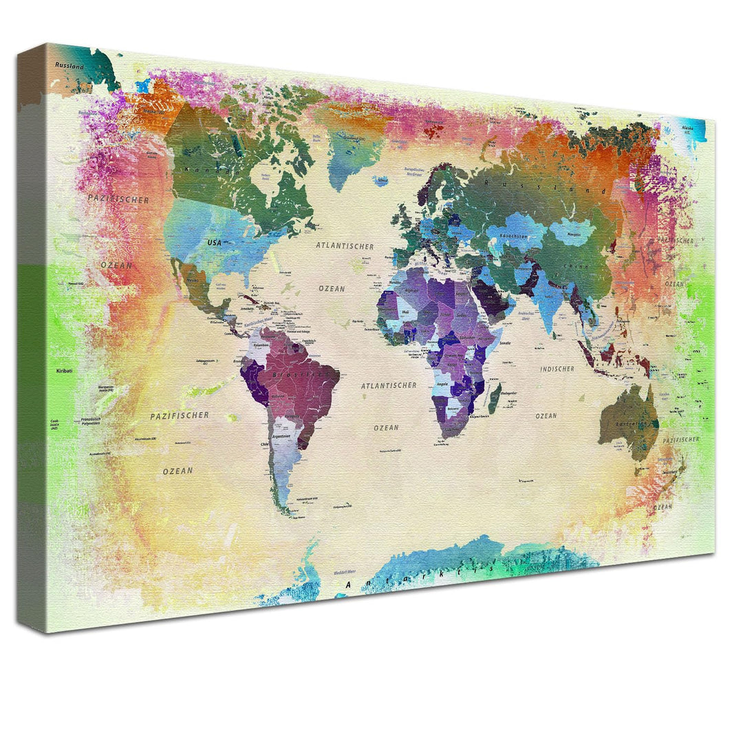 Stilvolle Pinnwand Weltkarte - Bunt - Deutsch in 120 x 80 cm, stabile Rückwand zum Pinnen inkl. Star