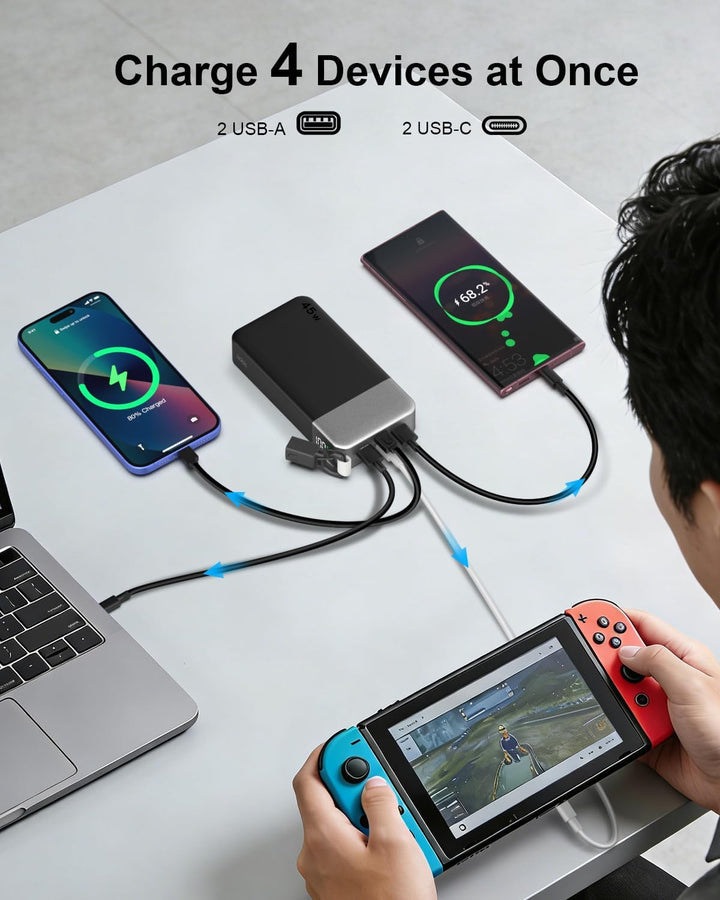 NOBIS 45W Power Bank,Powerbank 20000mAh Schnellladung mit Abnehmbares USB-C-Kabel, 2×USB‑C (in/Out)