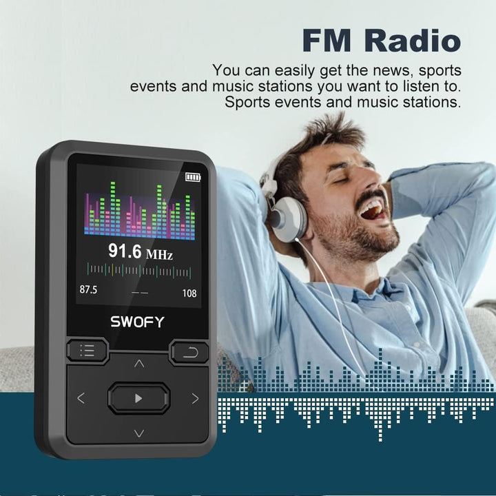 SWOFY MP3 Player Bluetooth 5.0 mit Sport Clip, 32GB Tragbarer Mini Musik Player mit Kopfhörer, FM Ra