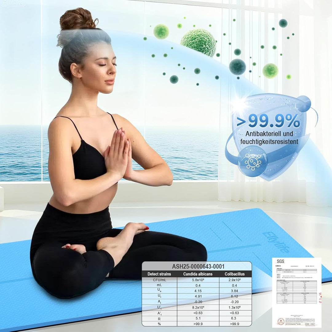 Yogamatte aus ECO Naturkautschuk & Hhautfreundlichem TPE, Extrem Rutschfest, Ausrichtungslinien, Ein