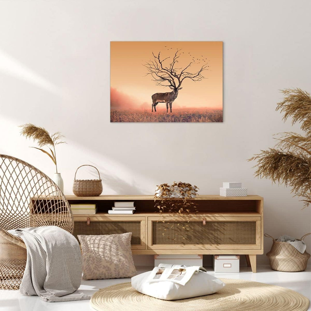 ARTTOR Bilder auf Leinwand Hirsch Baum Nebel Wald Leinwandbild 70x50cm Wandbilder Dekoration Wohnzim