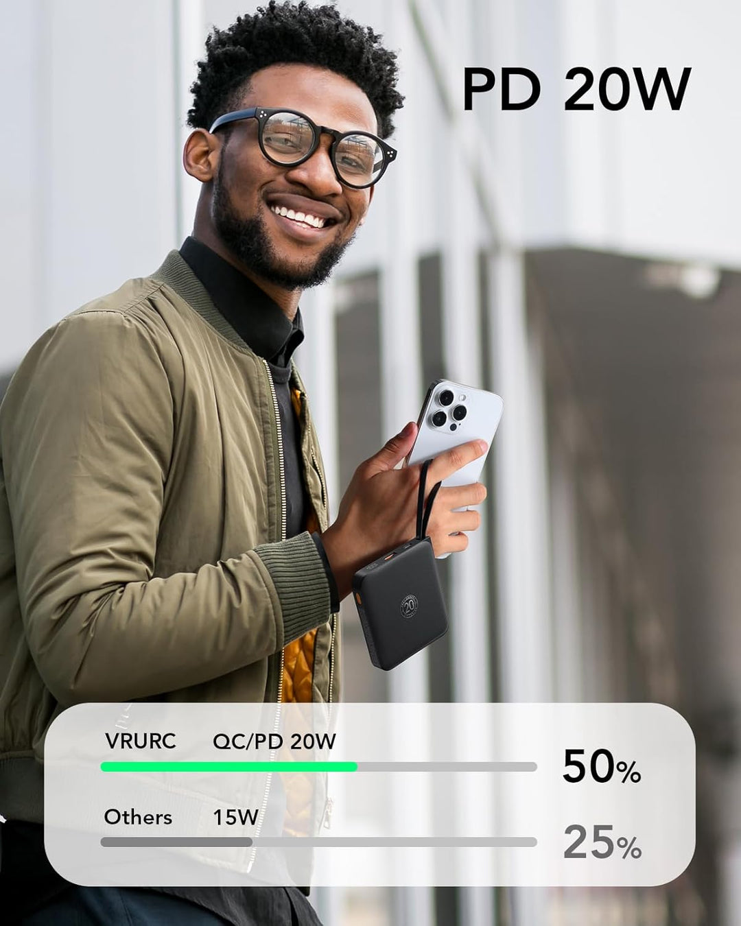 VRURC Power Bank mit Kabel 10000mAh Klein USB C Powerbank Schnelles Aufladen 22.5W Mini Tragbares La