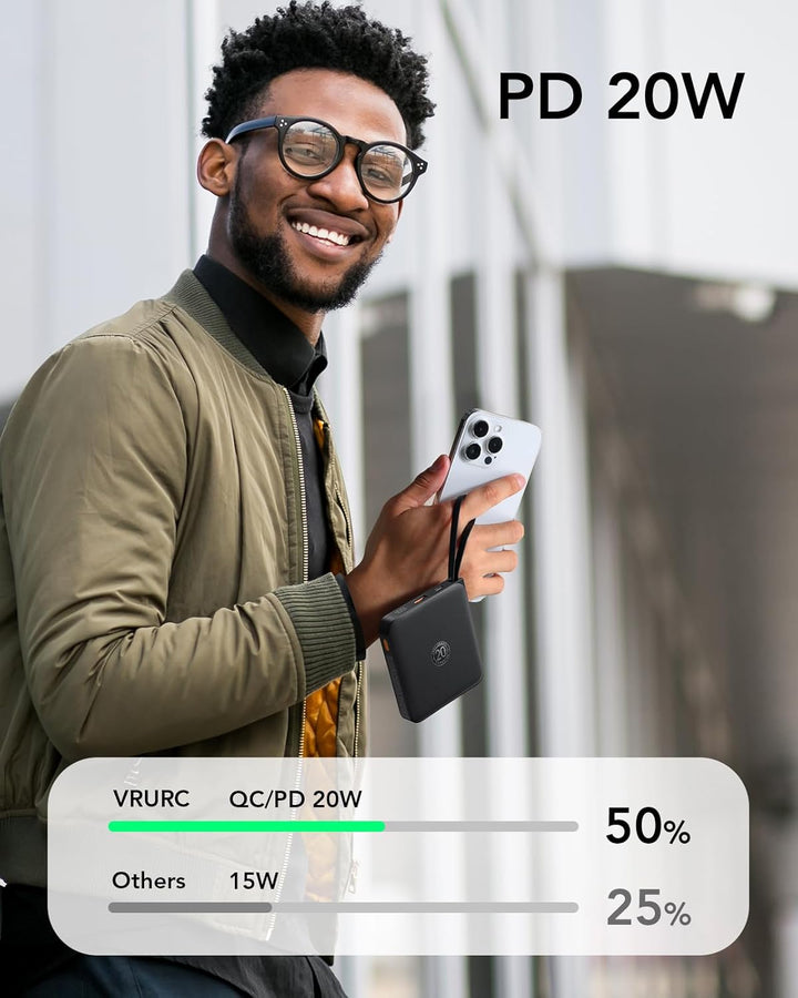 VRURC Power Bank mit Kabel 10000mAh Klein USB C Powerbank Schnelles Aufladen 22.5W Mini Tragbares La
