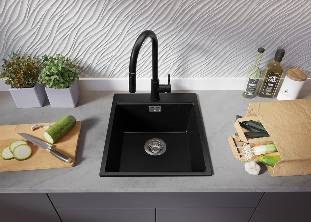 Granitspüle Schwarz 43x50cm, Spülbecken 1 Becken + Ablauf-Set + Küchenarmatur + Schneidebrett, Küche