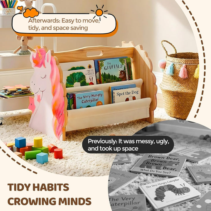Kinder Bücherregal Holz mit 2 Etagen Bücherdisplays, Montessori Bücherregal Kinder, Kinderregal, Büc