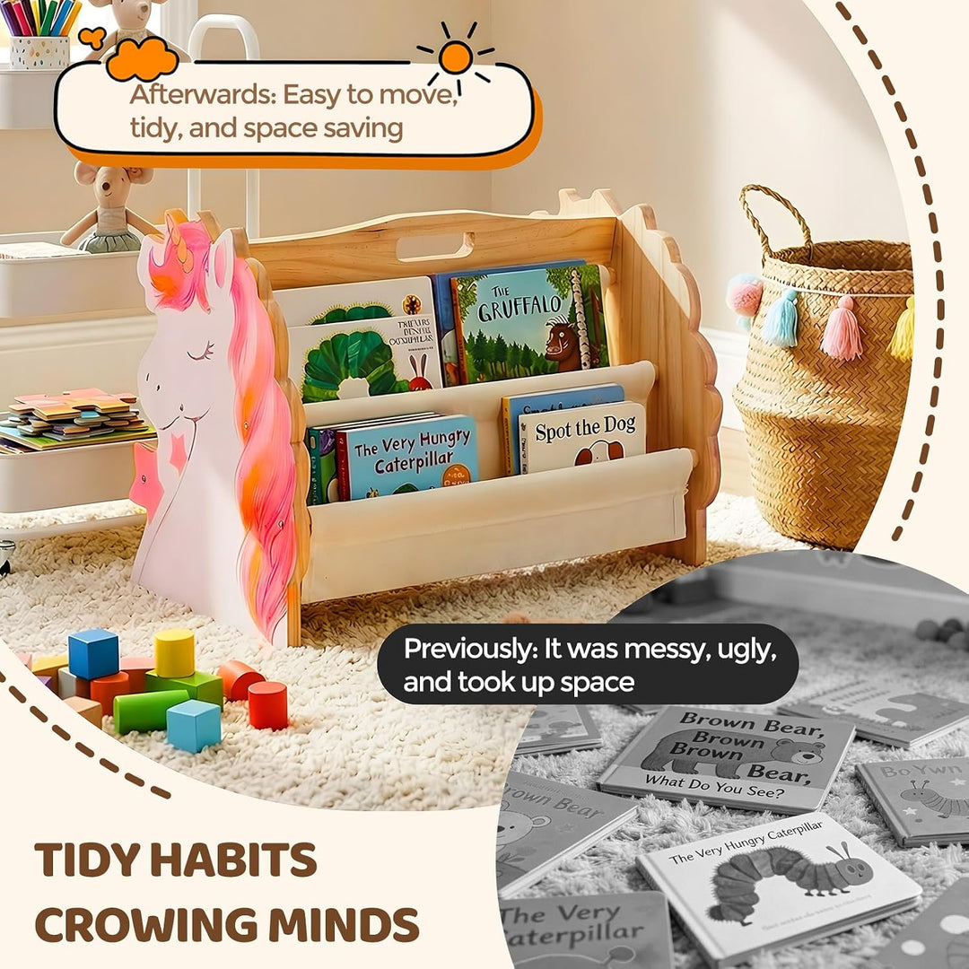 Bücherregal Kinder, Montessori Kinder Buchständer aus Holz mit 4 Ablagen, Kinderregal für Buchaufbew