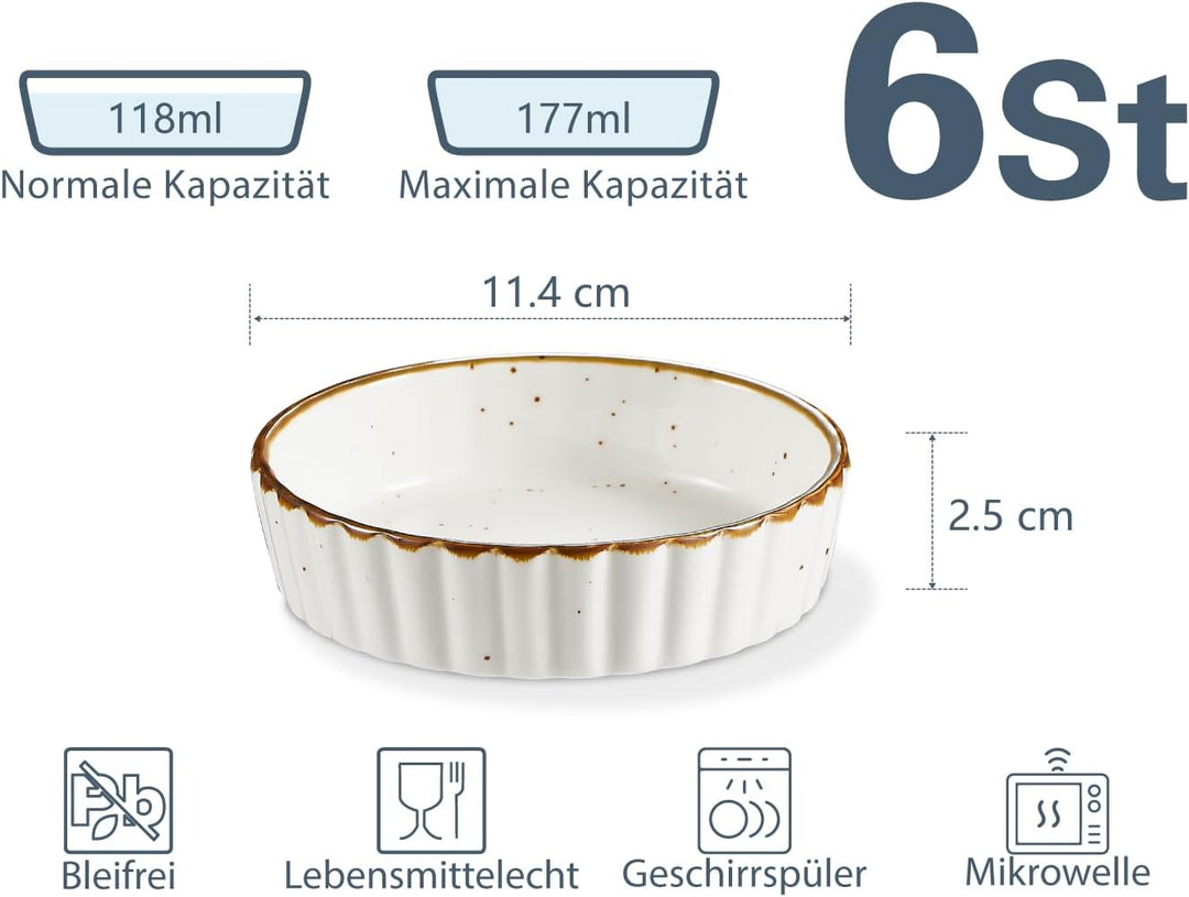 ONEMORE 6x Creme Brulee Schälchen, 177 ml Soufflé Förmchen aus Keramik, 11.4 cm Souffleeförmchen Bac