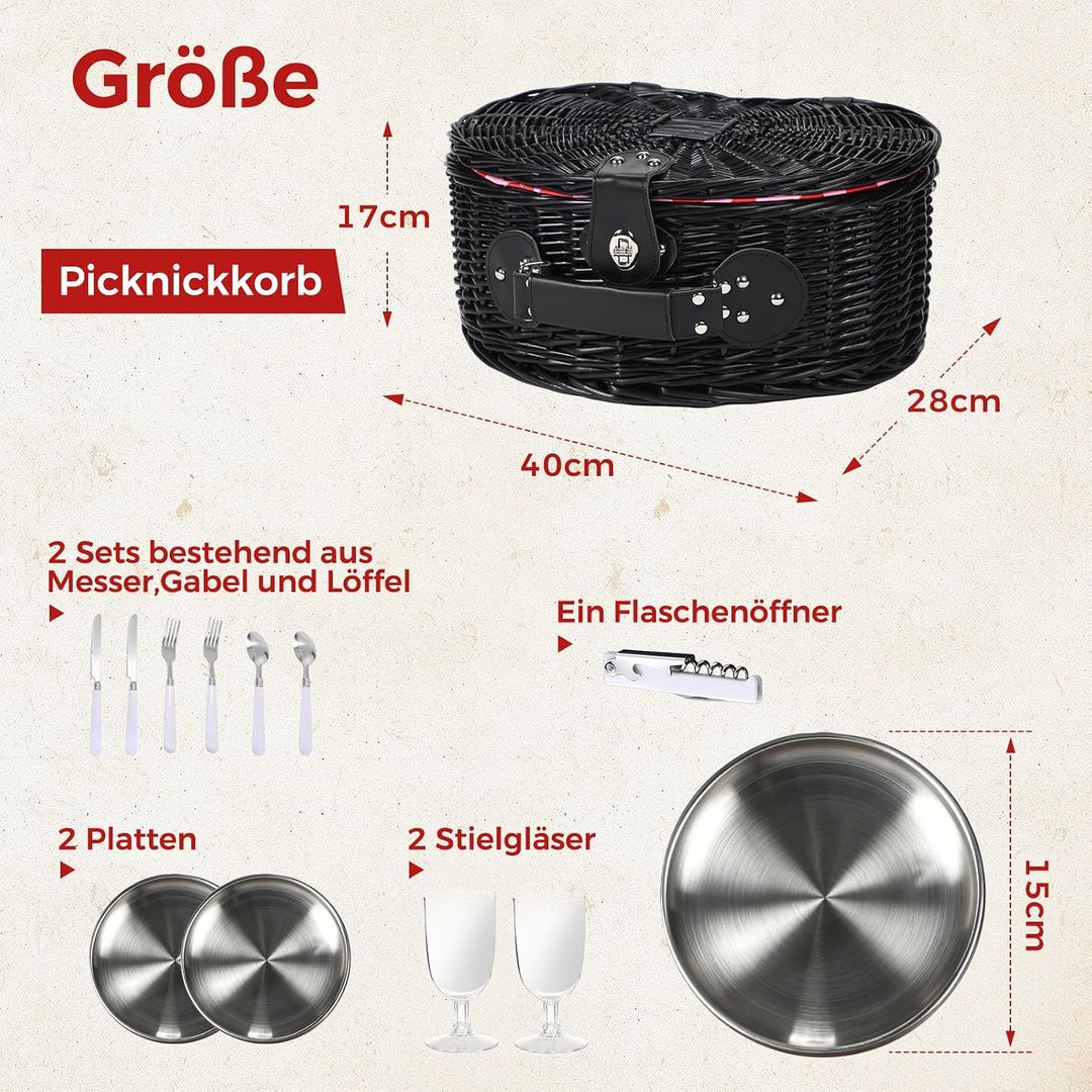 Picknickkorb Set für 2 Person mit Flaschenöffner, Besteck Set, für Camping, Strand, Wandern, BBQ und