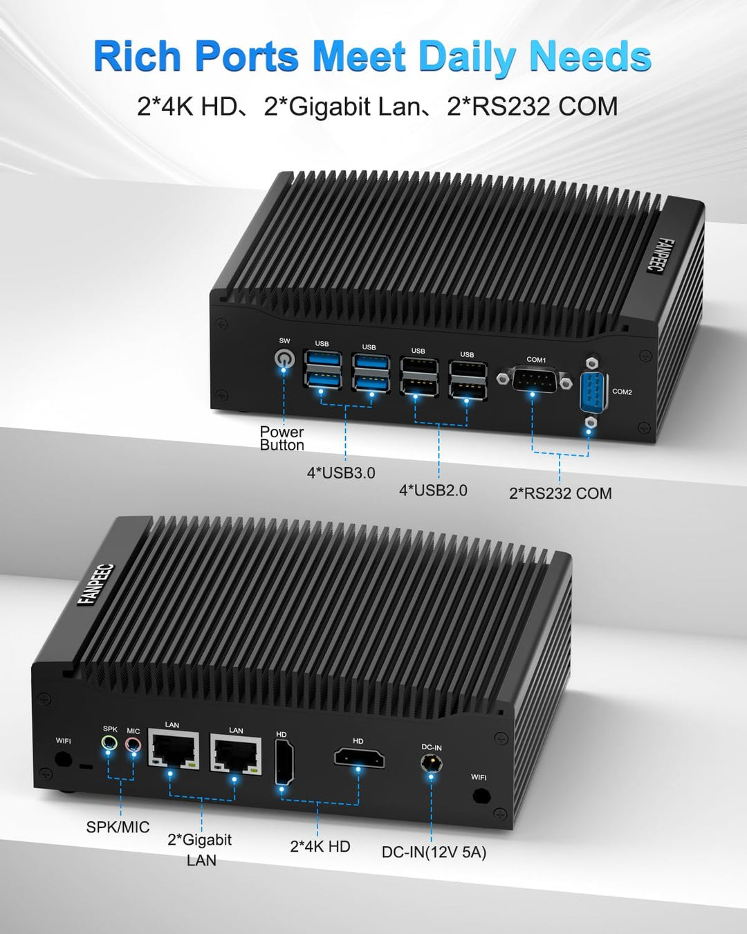 FANPEEC Fanless PC Core i3 6157U, Industrial Mini PC Windows 10 Pro 8 GB RAM 256 GB SSD, Desktop PC