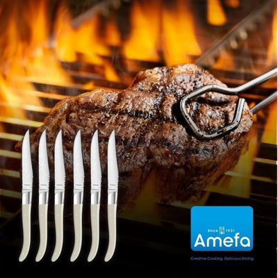Amefa Lou Laguiole Steakmesser-Set 6-teilig | Griffe Weiss | Mikro-Wellenschliff mit langanhaltender