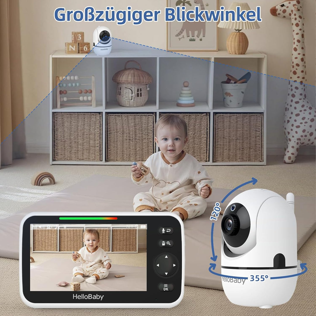 HelloBaby Babyfon ohne WLAN mit Halterung, 5-Zoll-IPS-Bildschirm und 30 Stunden Akkulaufzeit mit VOX