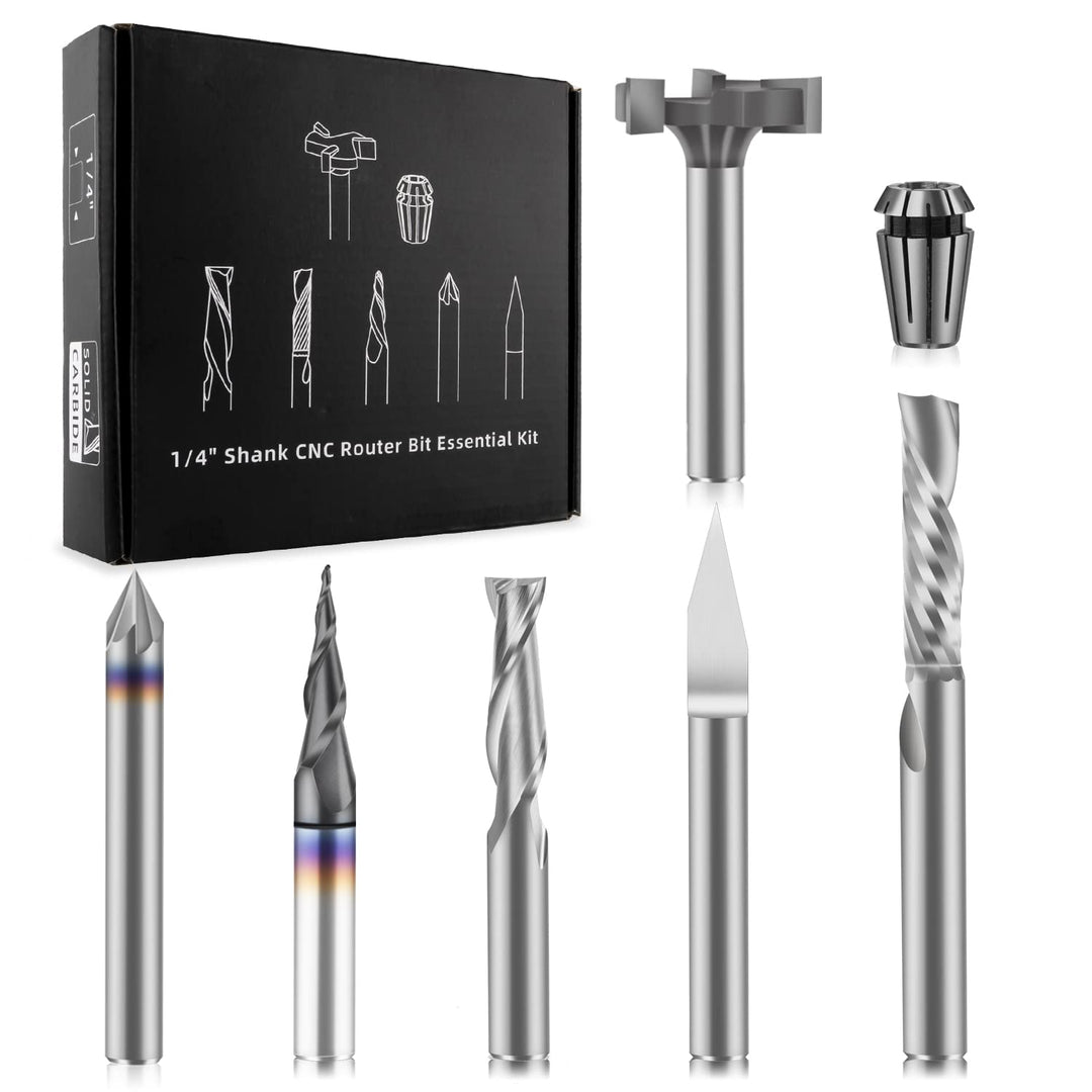 FoxAlien 1/4 Zoll Schaft CNC Fräser Bit Essential Kit, 1/4 Zoll ER11 Spannzange, V-Bit, Schaftfräser