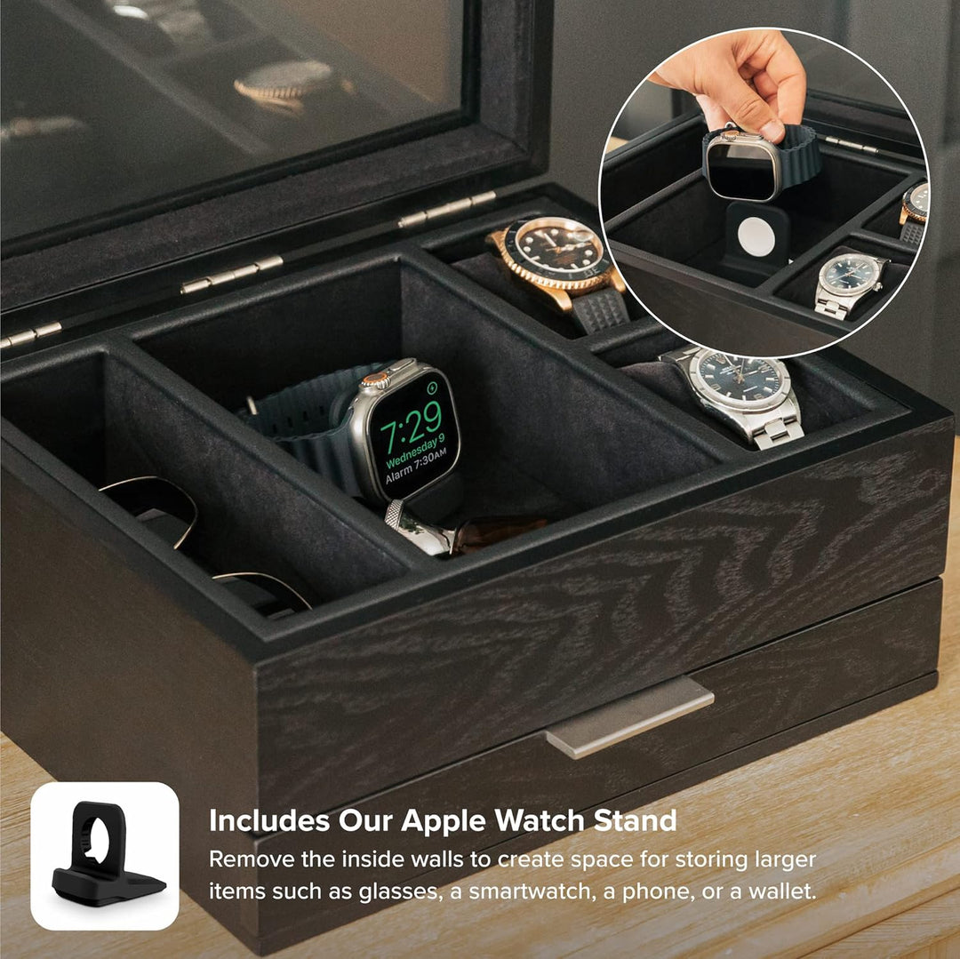 CASE ELEGANCE Uhrenbox mit 8 Fächern für Herren, schwarz, Uhrenvitrine, modulares Valet-Tablett, App