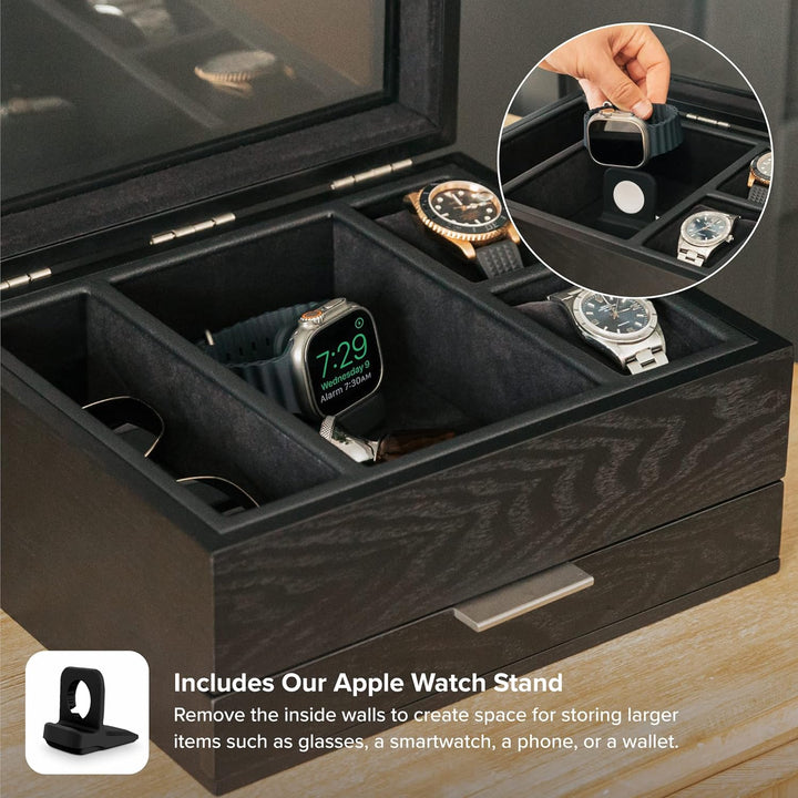 CASE ELEGANCE Uhrenbox mit 8 Fächern für Herren, schwarz, Uhrenvitrine, modulares Valet-Tablett, App