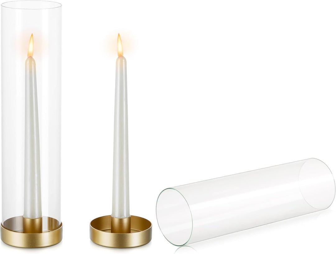 NUPTIO Glaszylinder für Kerzen Kerzenhalter Gold: 30cm Satz von 2 Klarglas Metall Kerzenständer Stab
