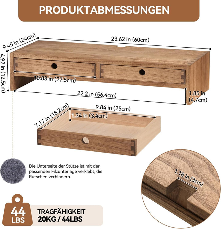 KIRIGEN hölzerner Monitorständer mit 2 Schubladen Computer Desktop Storage Organizer Lautsprecher TV