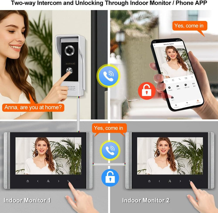 WLAN Video-Intercom-System für Zuhause, 1080P HD Türglocke Kamera mit 2 Monitoren, 7 Zoll IPS Bildsc