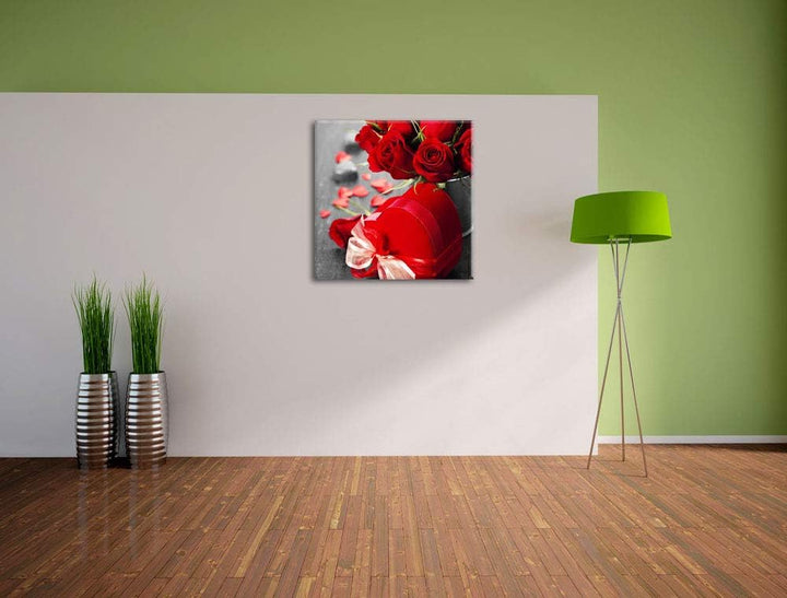 Pixxprint Valentinstag Rosen & Herz als Leinwandbild/Grösse: 70x70 cm/Wandbild/Kunstdruck/fertig bes