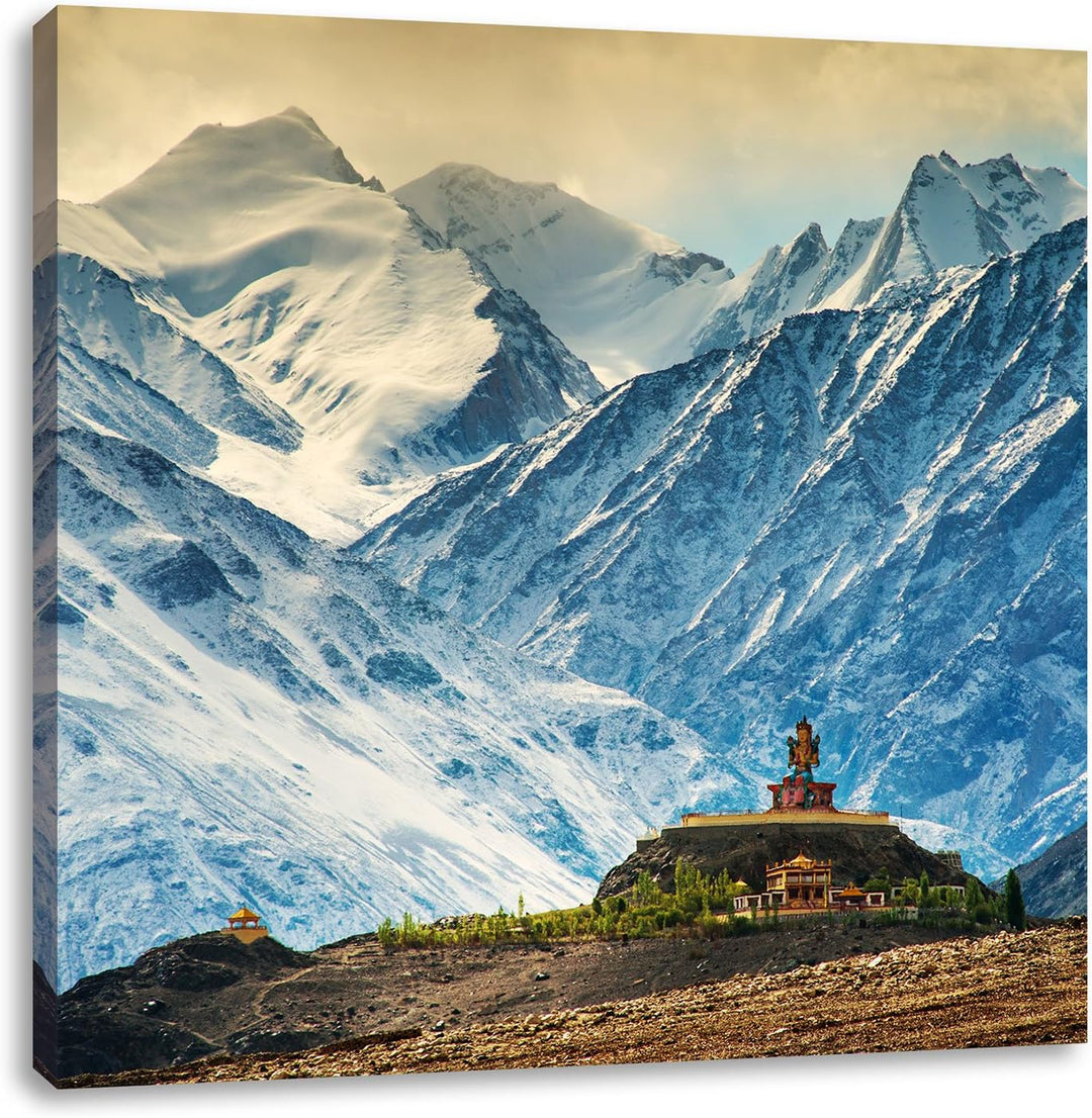 Pixxprint Einsamer Tempel an verschneiten Bergen in Tibet als Leinwandbild/Grösse: 70x70 / Wandbild/
