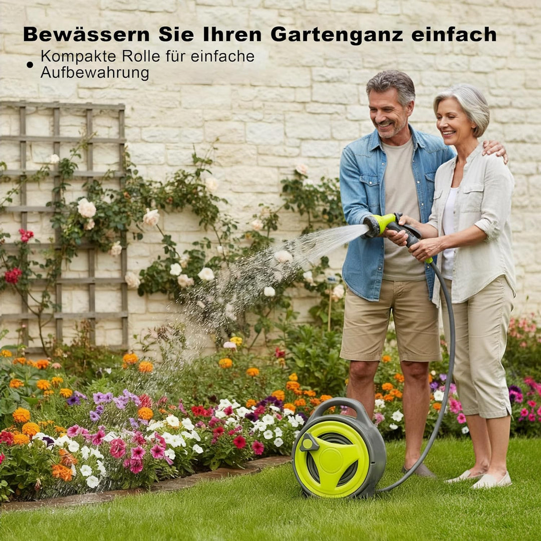 SAEIV Schlauchtrommel 12m Handbetrieb, Wandmontage Gartenschlauchaufroller mit Handbrause, Flexibler