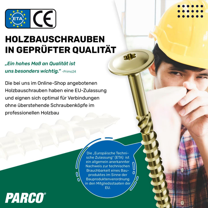 PARCO Tellerkopfschrauben 8,0 x 340 mm, 50 Stück, TX40 Verzinkt, CUT-Spitze, Holzbauschrauben für Ko