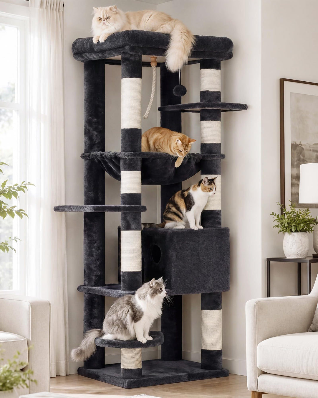 Heybly Kratzbaum, mit Decken, für grosse Katze, Katzenbaum, grosse Plattformen, Höhle, 50 x 50 x 153