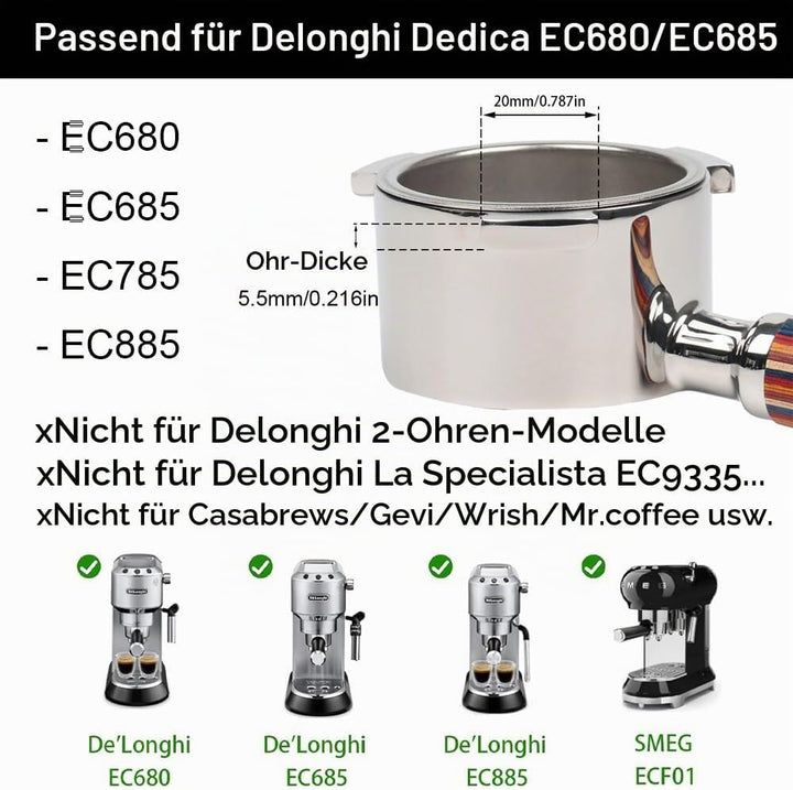 CAPFEI Bodenloser Siebträger 51mm nur kompatibel mit DeLonghi Dedica EC680/EC685/EC885 mit 3 Ohren |
