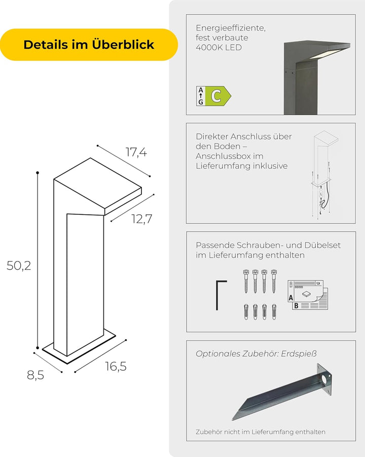 SLV LED Aussenleuchte IPERI 50 | Design Aussen-Standleuchte, stilvolle Aussenbeleuchtung | Outdoor L