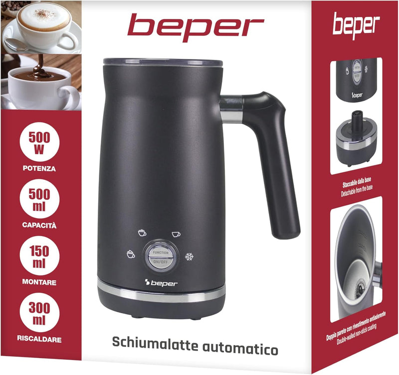 BEPER P101CAF001 Elektrischer Milchaufschäumer, Milchaufschäumer mit Deckel, 300 ml, Schwarz, 4 Funk