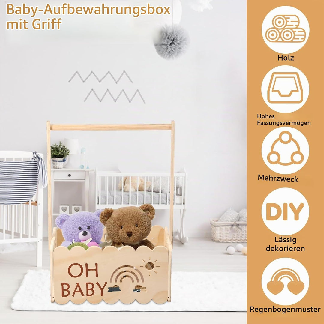 Babyparty Geschenk mit Griff,Holz Babyparty Kiste,34 * 22.8 * 17.5cm,Baby Aufbewahrungskorb,Dekorati