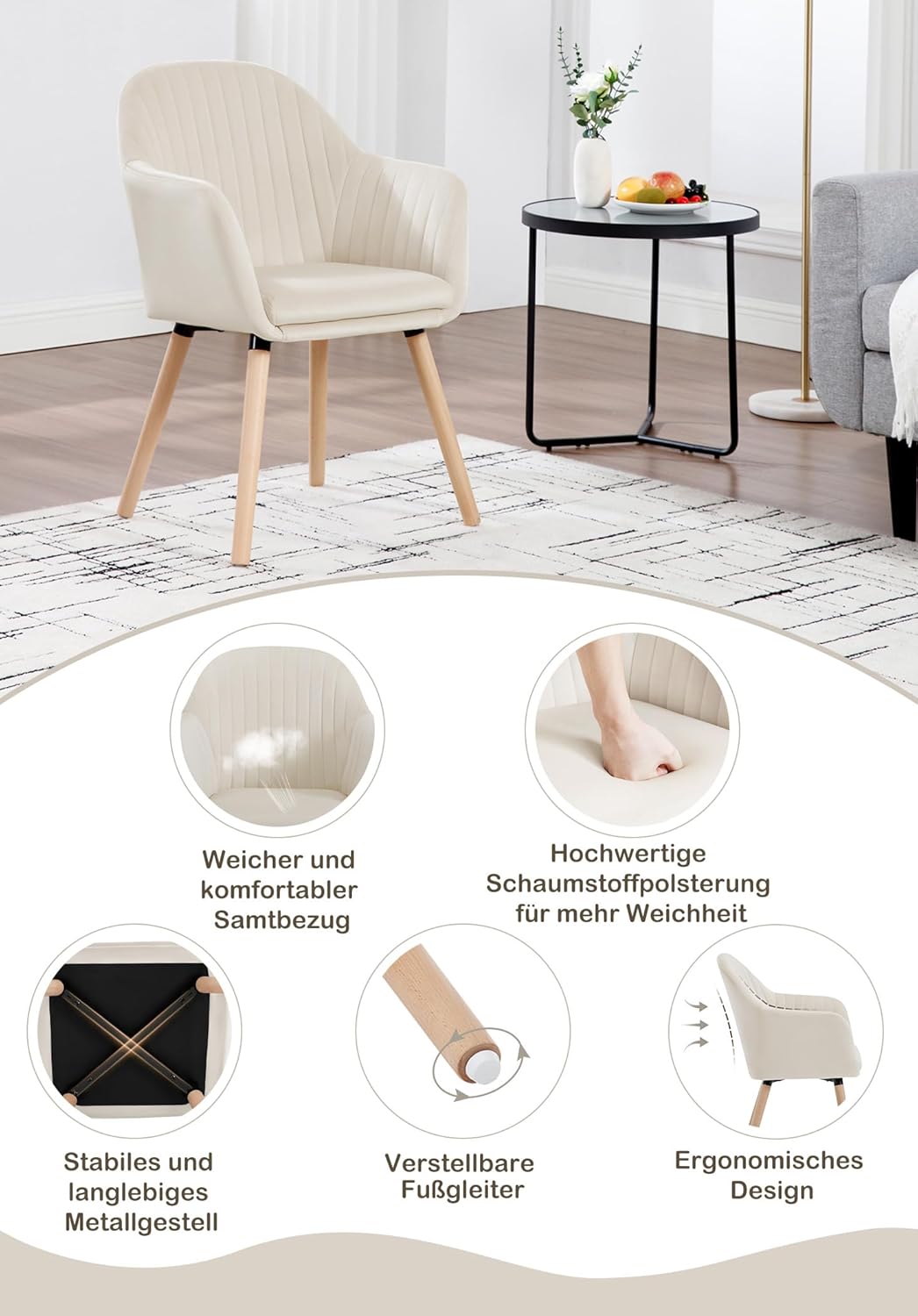 WOLTU 1x Esszimmerstühle Küchenstuhl Polsterstuhl Wohnzimmerstuhl Design Stuhl mit Armlehne Samt Mas