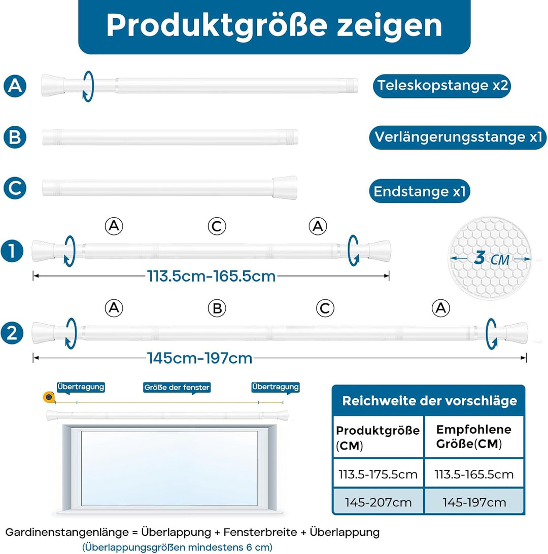 AIZESI 1 Stück Gardinenstange ohne Bohren Teleskopstange Vorhangstange Duschvorhangstange Spannstang