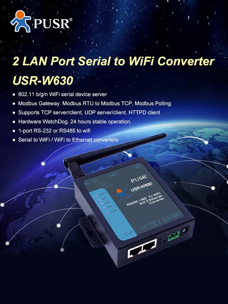 PUSR USR-W630 Industrial Serial zu WiFi und Ethernet Konverter unterstützt 2 Ethernet Ports, Modbus