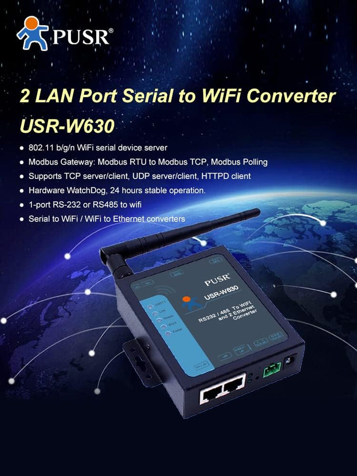 PUSR USR-W630 Industrial Serial zu WiFi und Ethernet Konverter unterstützt 2 Ethernet Ports, Modbus