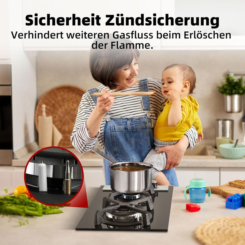 GASLAND Chef GH30BF Glas Gaskochfeld Einbau Glas Kochfeld 2 Flammig, 50mbar, LPG/Erdgas inkl Schwarz