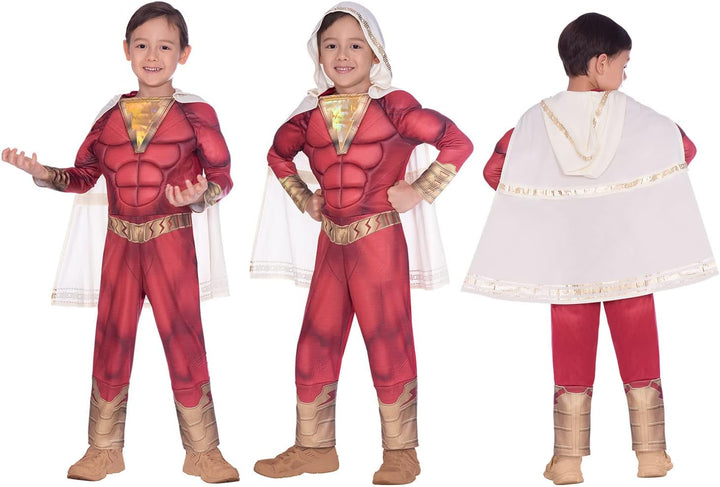 Amscan - Kinderkostüm Shazam, Overall mit gepolsterter Brust, Kapuzenumhang, DC Super Heroes, Motto-