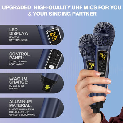 Upgrade Karaoke Maschine für Erwachsene und Kinder, tragbares Bluetooth 2 UHF drahtloses Karaoke Mik