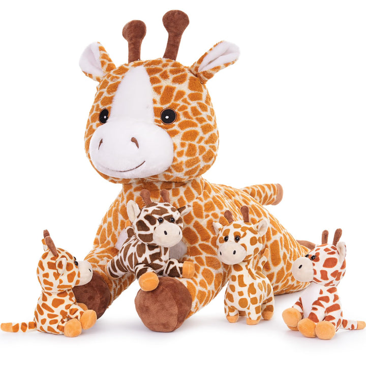 MorisMos 55cm lang riesen Giraffe Kuscheltier gross, Giraffe Stofftier XXL mit 4 Plüschbaby im Bauch