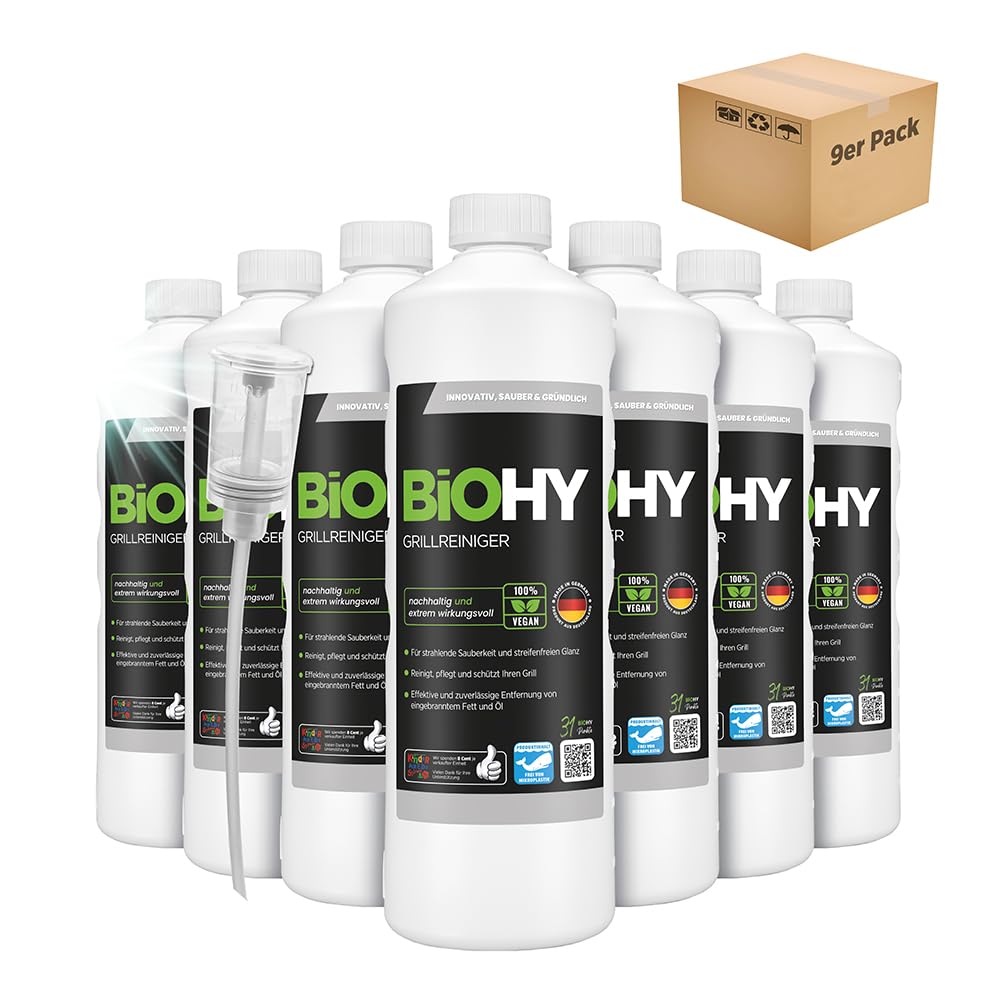 BiOHY Grillreiniger (9 x 1 Liter) + Dosierer | Reiniger für Holzkohle-, Gas- und Elektrogrill | Hoch