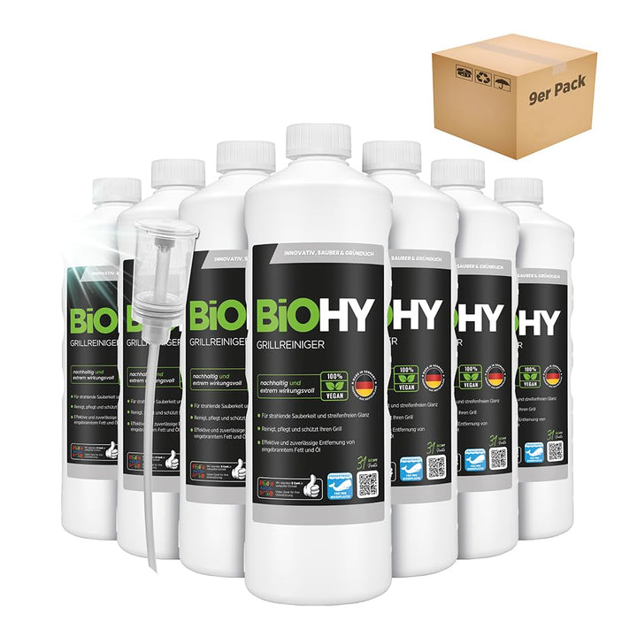 BiOHY Grillreiniger (9 x 1 Liter) + Dosierer | Reiniger für Holzkohle-, Gas- und Elektrogrill | Hoch