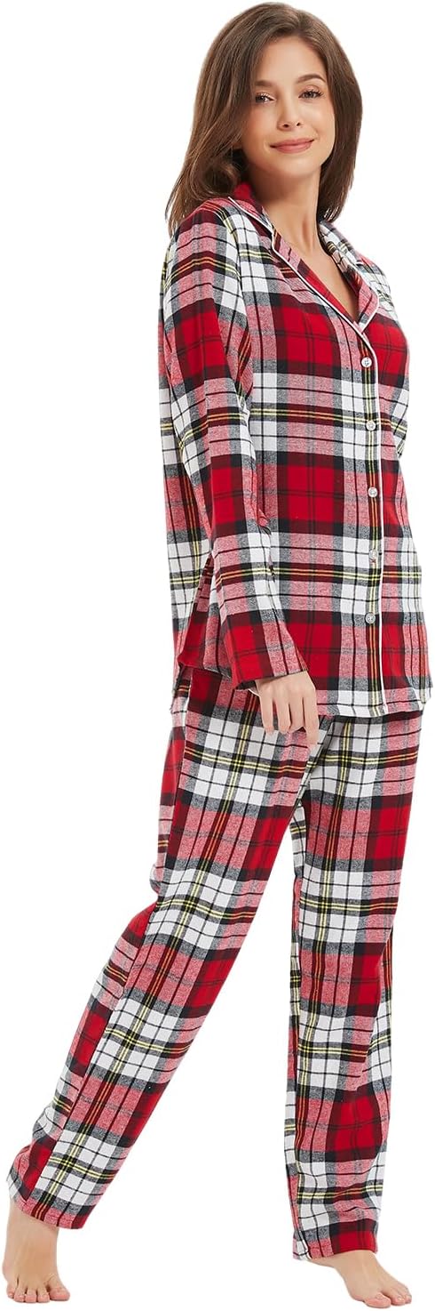 Mnemo Home Damen Schlafanzug Lang Flanell Pyjama Damen 100% Baumwolle aus Flanell Rot-weiss und Schw
