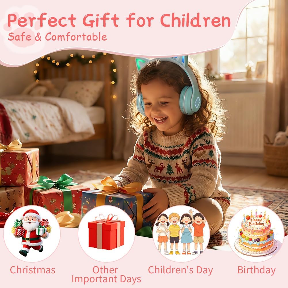 Kinder Bluetooth Kopfhörer, Katzenohr LED Lichter, Bluetooth 5.3 Stereo, Verstellbares Kopfband, 85d