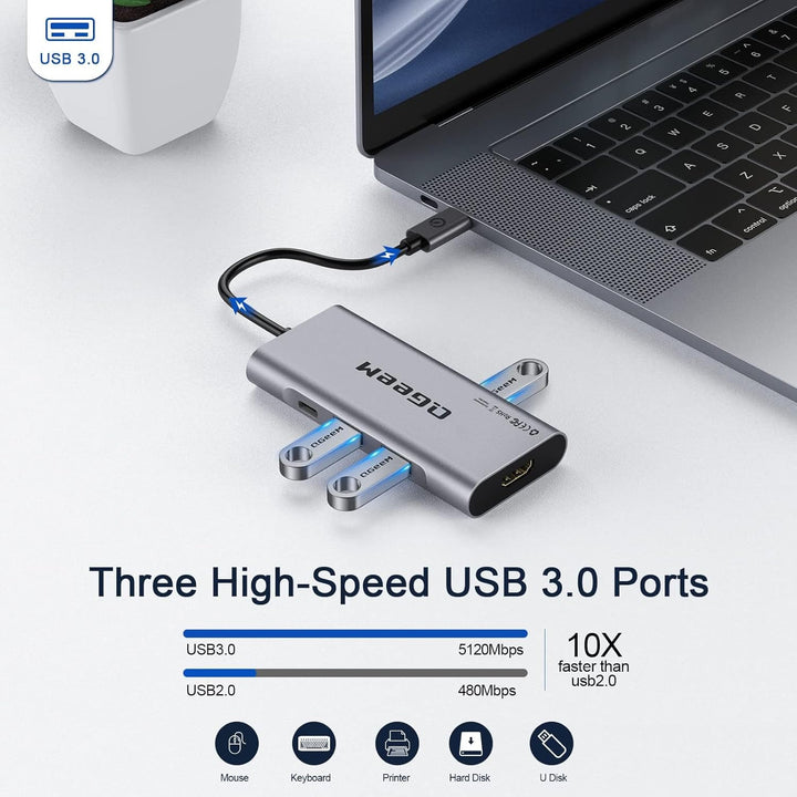 QGeeM USB C Hub, USB C auf HDMI Adapter, 4K 7 in 1 USB C Dongle mit 100W Stromversorgung, 3 USB 3.0