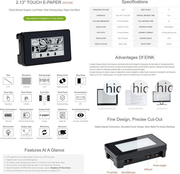 Waveshare 2.13inch Touch E-Paper E-Ink Display for Raspberry Pi Zero 250×122 Pixels Supports Partial