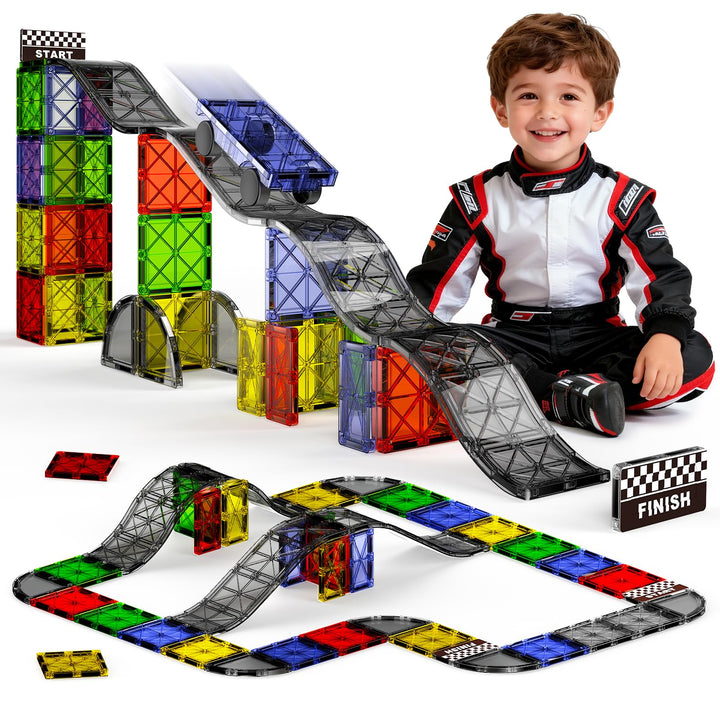 Magnetische Bausteine Strassenset, 40PCS Magnetische Fliesen Stadtbaukasten mit Magnetauto, Magnetbl