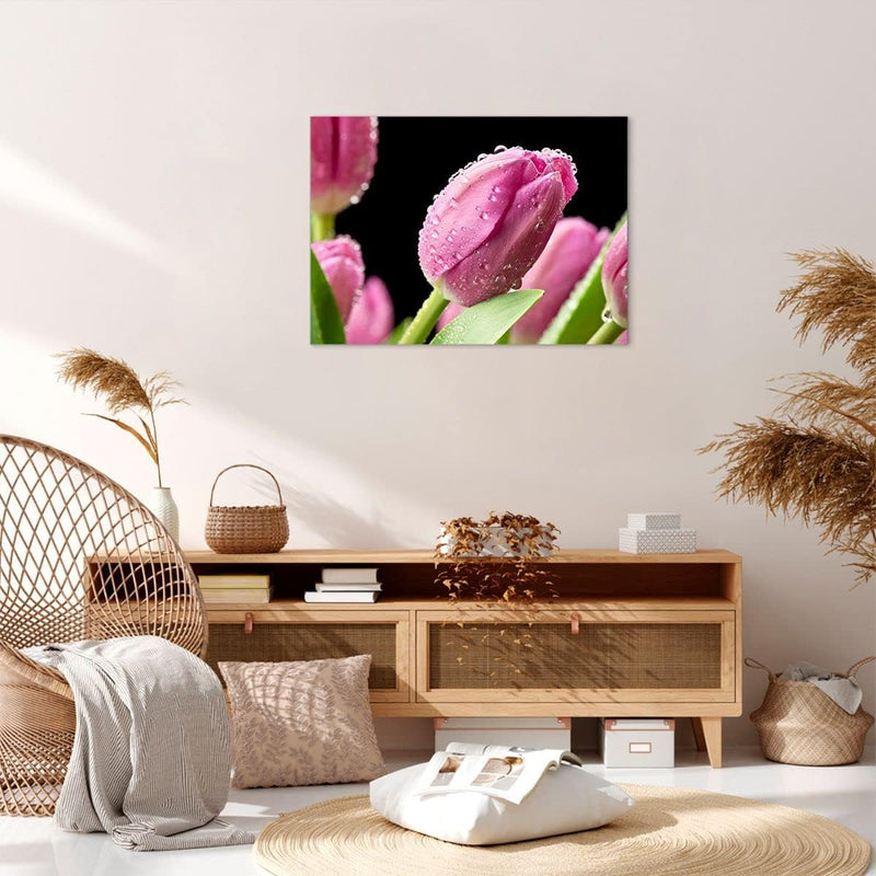 Bilder auf Leinwand Tulpe Blumen Tau Leinwandbild mit Rahmen 70x50cm Wandbilder Dekoration Wohnzimme