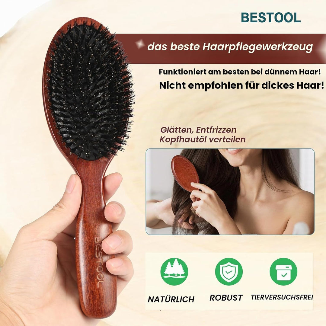 BESTOOL Haarbürste, 100% Wildschweinborsten Bürste für Damen, Herren, Kinder, Naturborsten Haarbürst